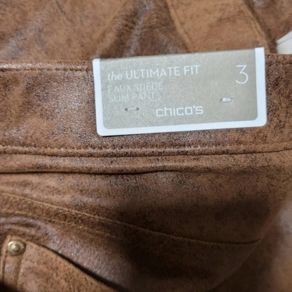 New Chico's Faux Suede Worn Luggage Brown slim pants - Picture 5 of 9